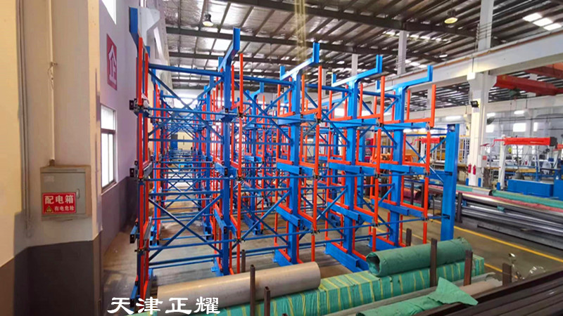 河南周口伸縮式懸臂貨架吊車存取棒料鋼材鋁型材銅排軸