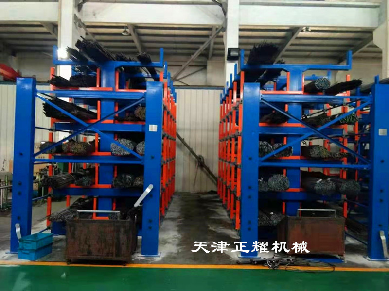 河南周口伸縮式懸臂貨架吊車存取棒料鋼材鋁型材銅排軸